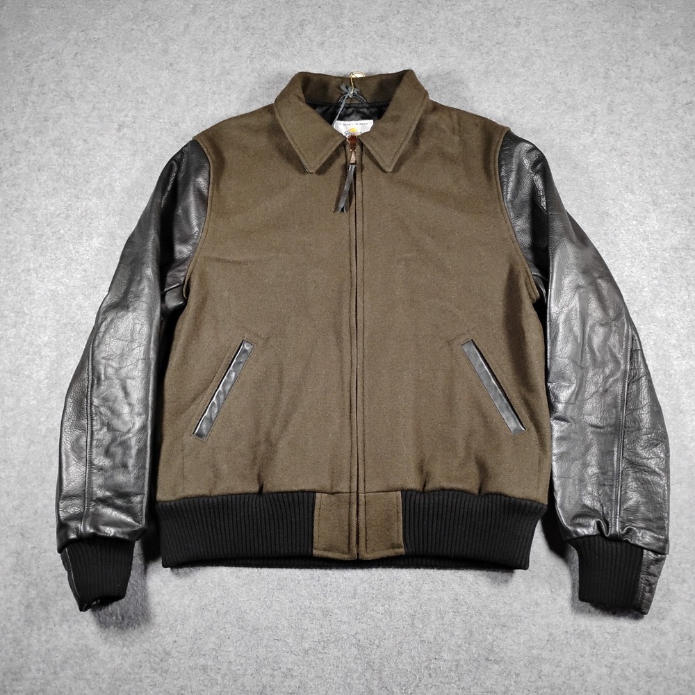 Golden Bear Mens XL Wool Leather Varsity Bomber Jacket Olive Green Made in USA